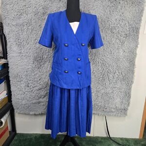 Halmode Petites Skirt Suit Womens 6 Blue Double Breasted Pleated Vintage 100343